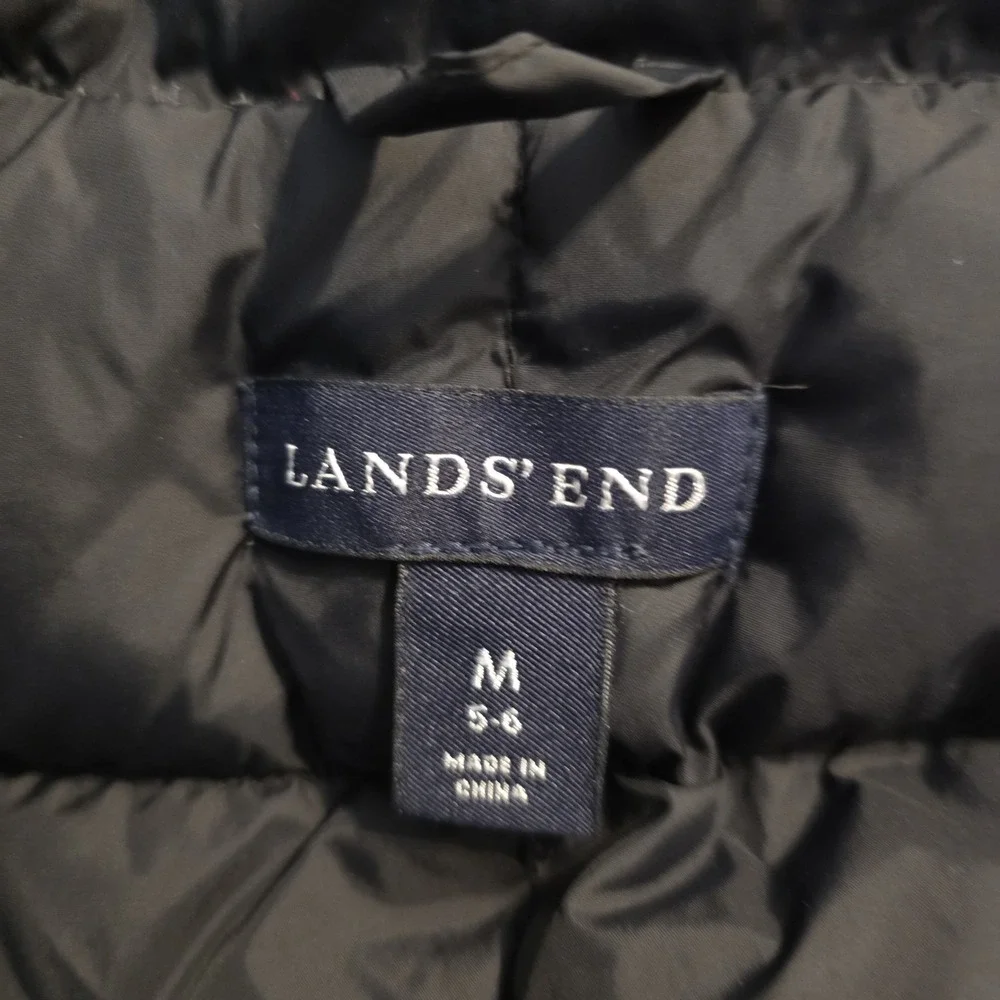 Lands End Puffer Vest Youth Sz Medium 5-6 Black Snap Front Goosedown Lightweight